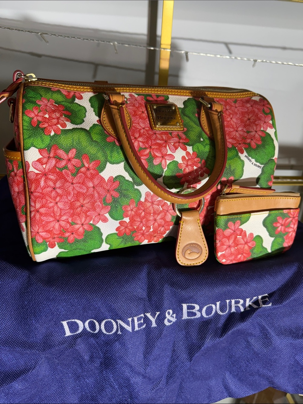 Dooney & Bourke Floral Hydrangea Satchel with Matching Pouch & Key Fob EUC